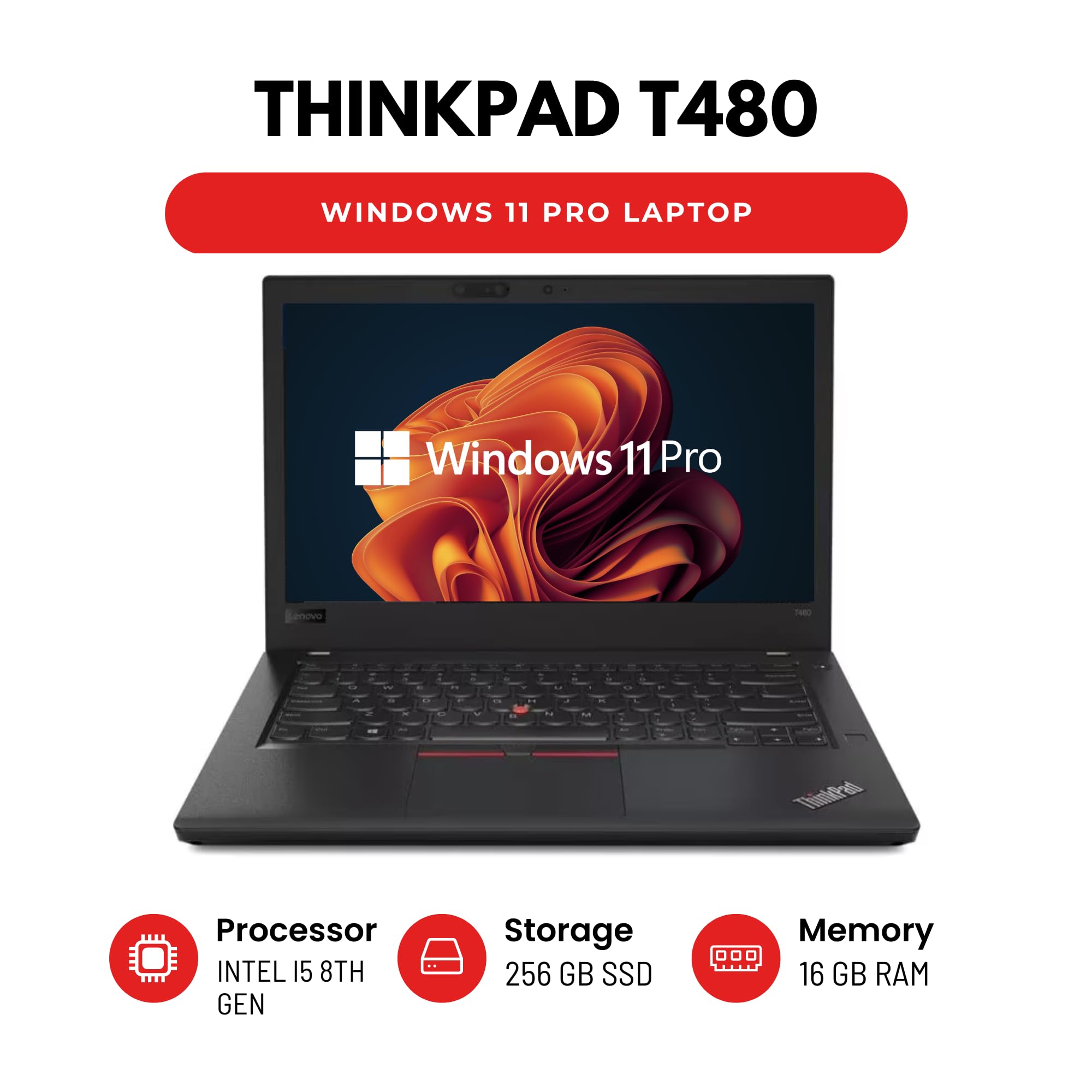 Lenovo ThinkPad T480 14” Laptop – Intel Core i5 8th Gen CPU – 16GB RAM – 256GB SSD – Windows 11 Pro - Renewed