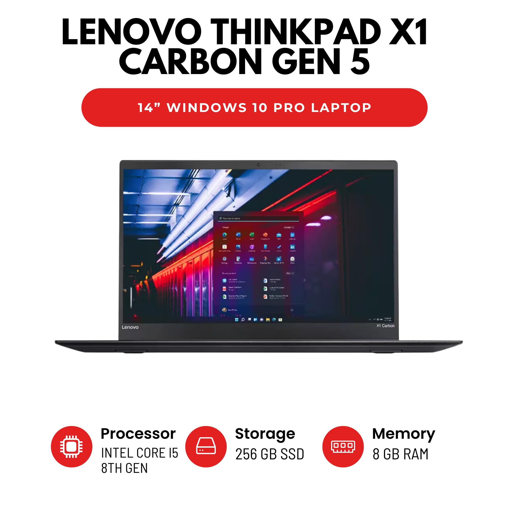 Lenovo ThinkPad X1 Carbon Gen 5 14” Laptop – Intel Core i5 8th Gen CPU – 8GB RAM – 256GB SSD – Windows 10 Pro – Renewed